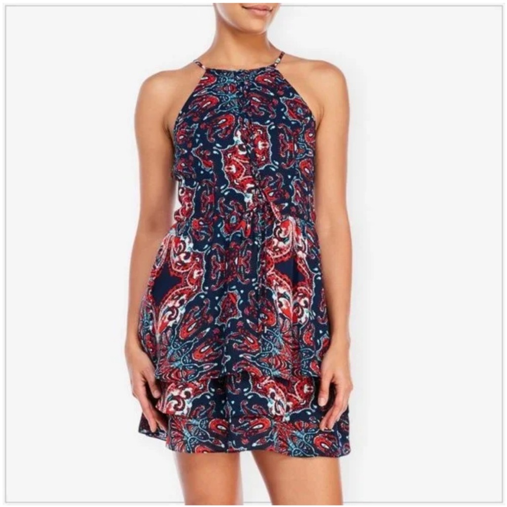 Parker Dax Ruffle Lace Up Tiered Bandana Print Dress